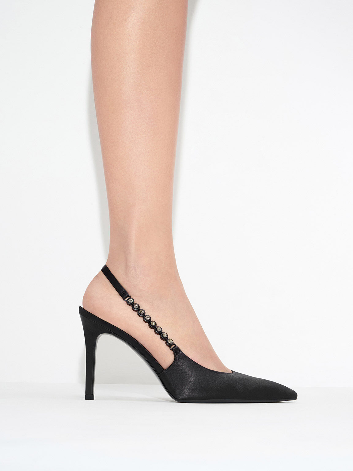 Gem-Strap Slingback Pumps, Black, hi-res