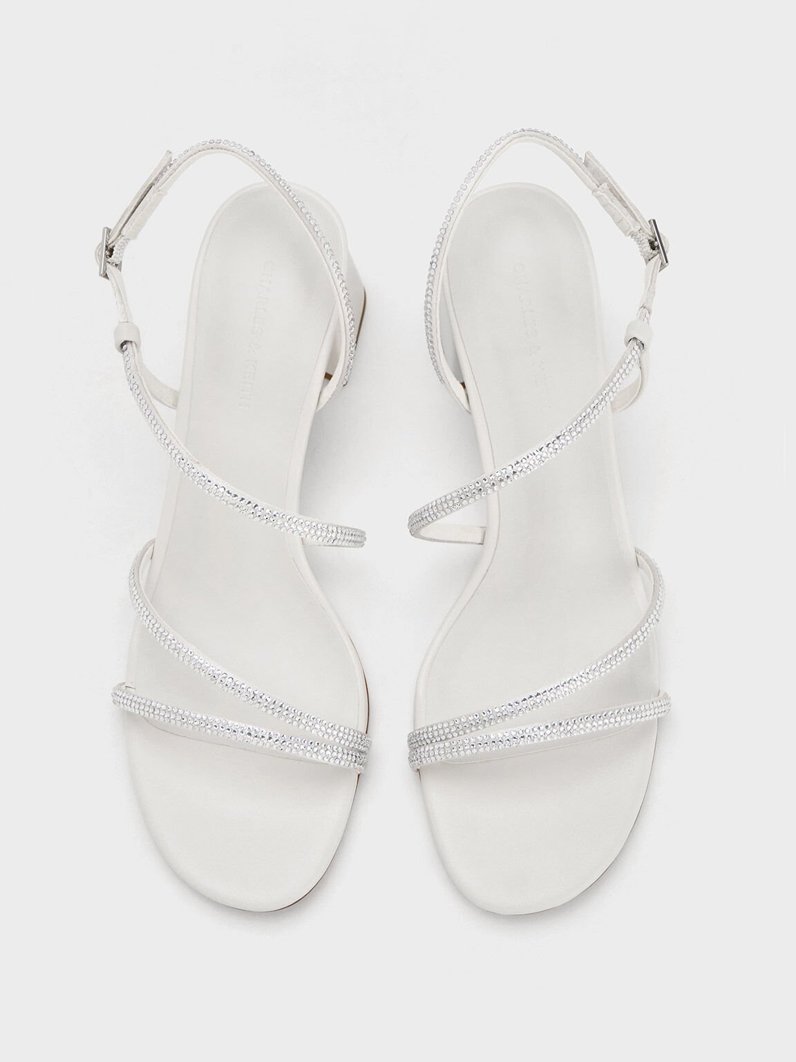 Satin Crystal-Embellished Block-Heel Strappy Sandals, White, hi-res