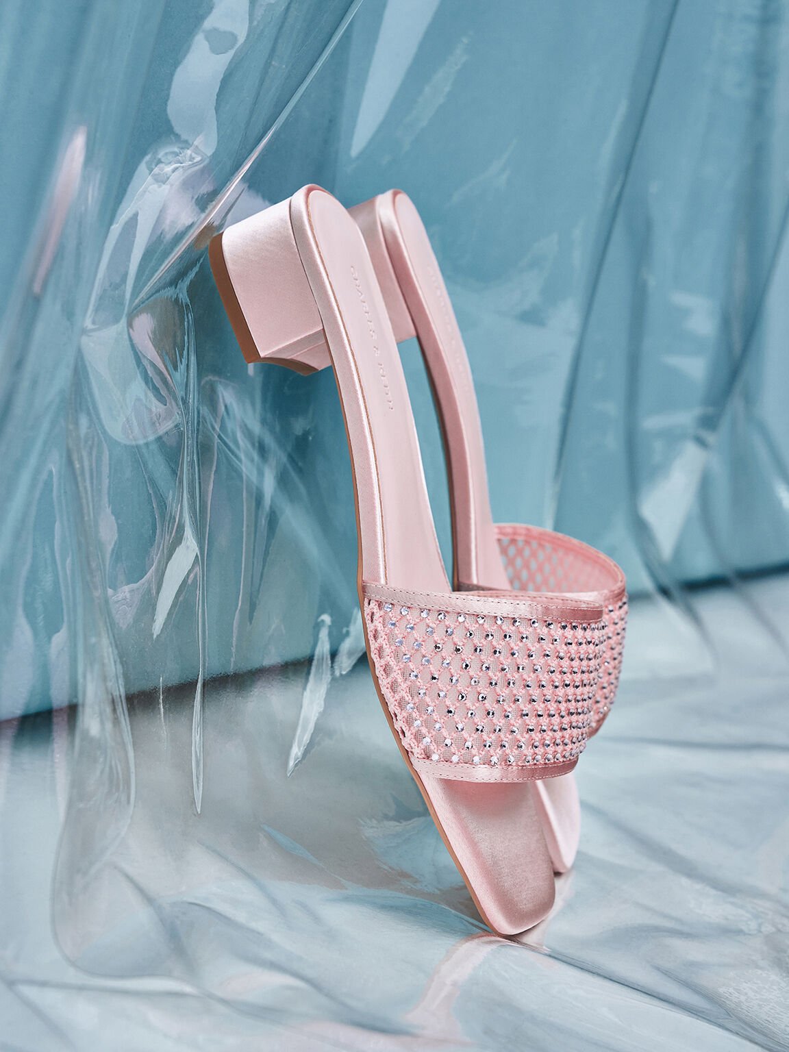 Mesh Crystal-Embellished Heeled Mules, Light Pink, hi-res