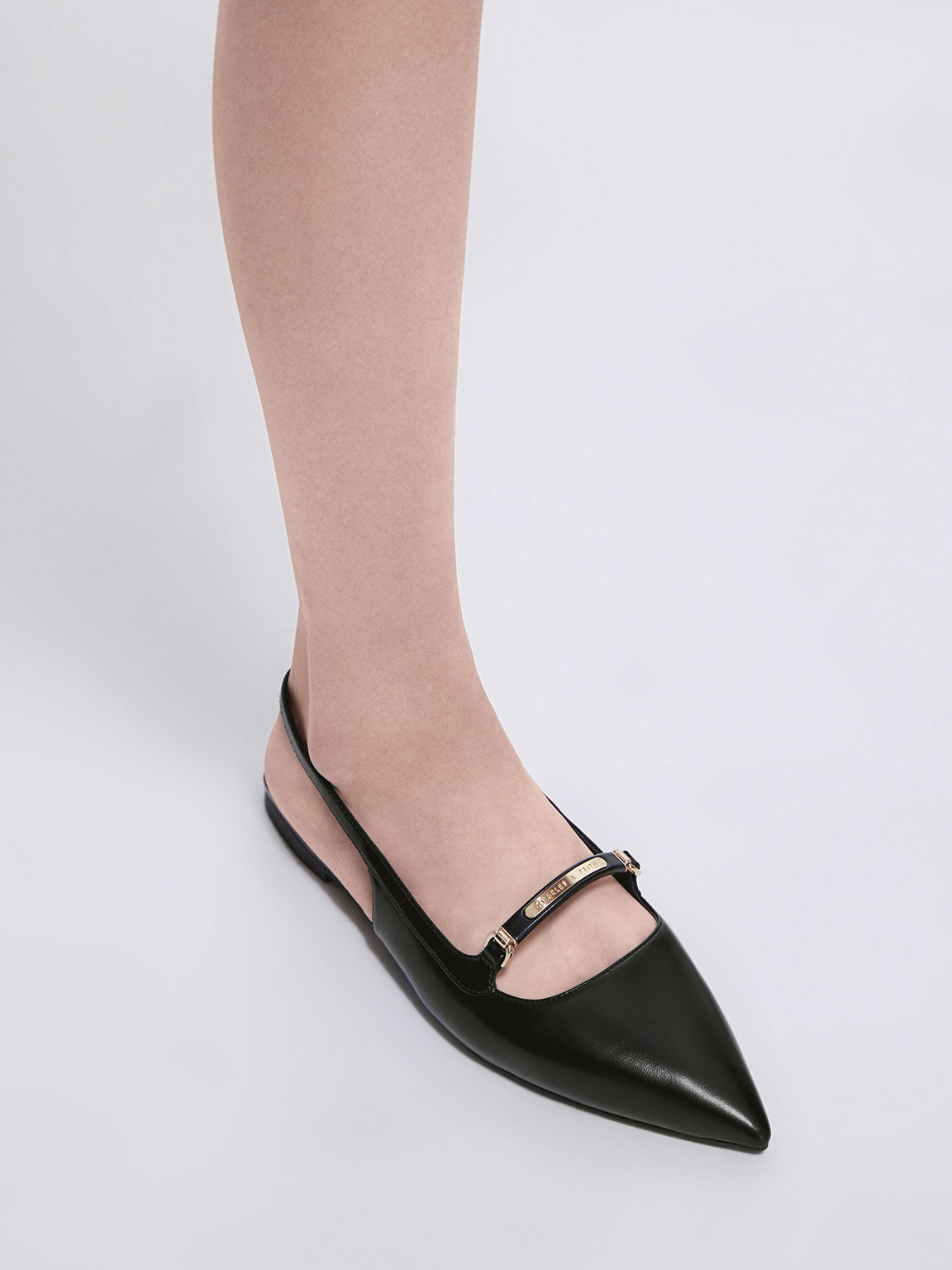 Metallic Bar Accent Slingback Flats, Black, hi-res