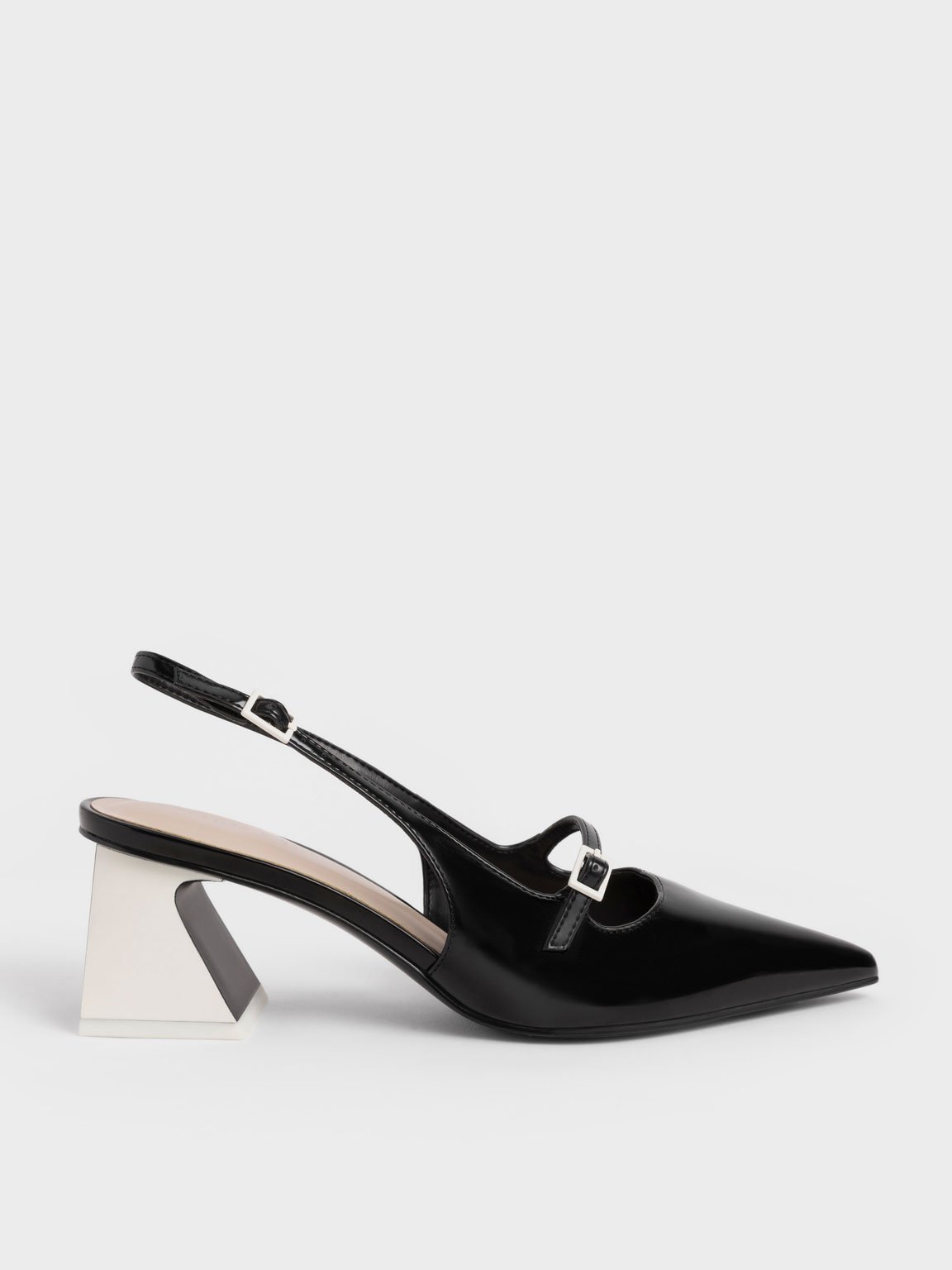 Black Two-Tone Trapeze Heel Slingback Pumps - CHARLES & KEITH SA