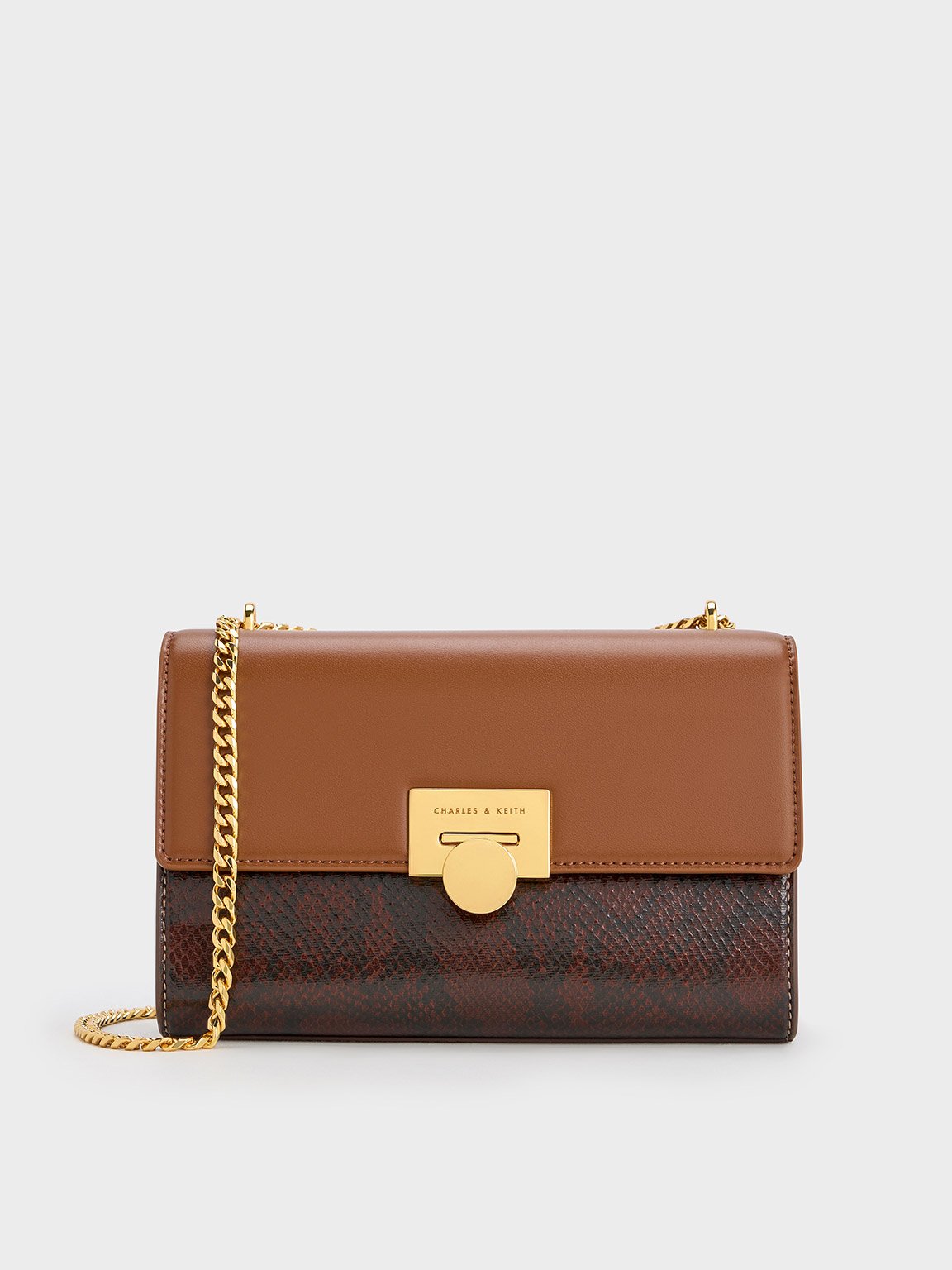 Chocolate Snake Print Chain-Strap Bag | CHARLES & KEITH