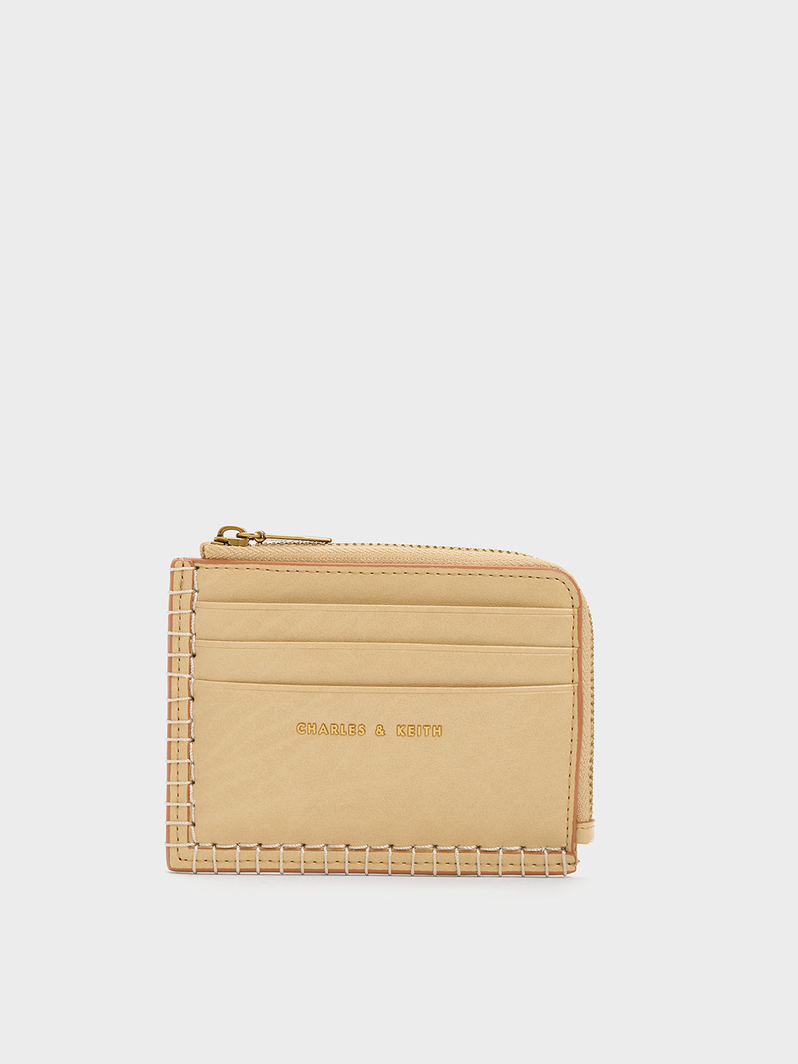 Beige Circe Stitch-Trim Zip Around Card Holder - CHARLES & KEITH SA