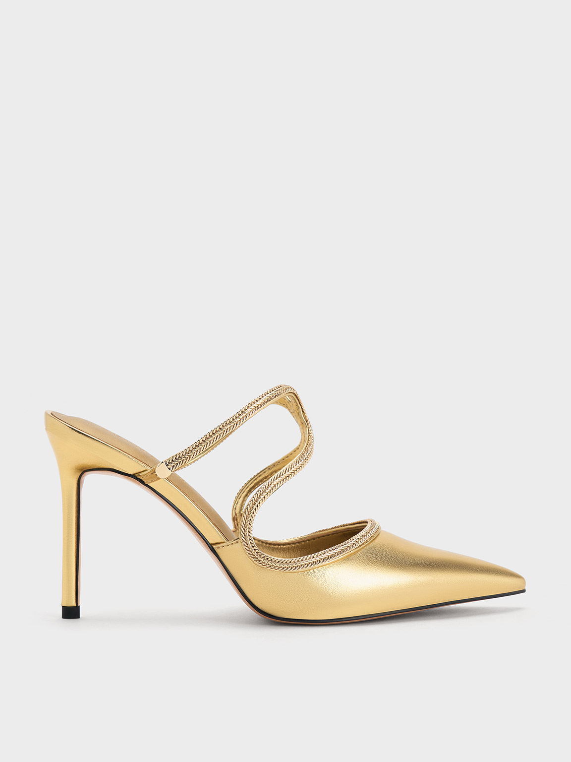 Gold Metallic Braided-Strap Stiletto-Heel Mules - CHARLES & KEITH SA